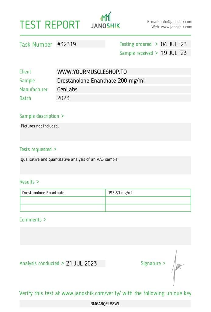 Masteron (drostanolone Enanthate) 200 Mg/ml – Genlabs — Certificate of Analysis
