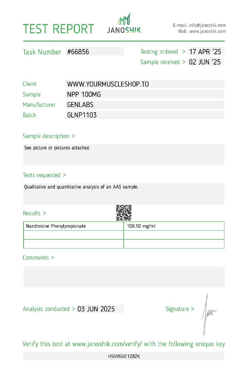 Nandrolone Phenylpropionate (npp) 100 Mg/ml – Genlabs — Certificate of Analysis