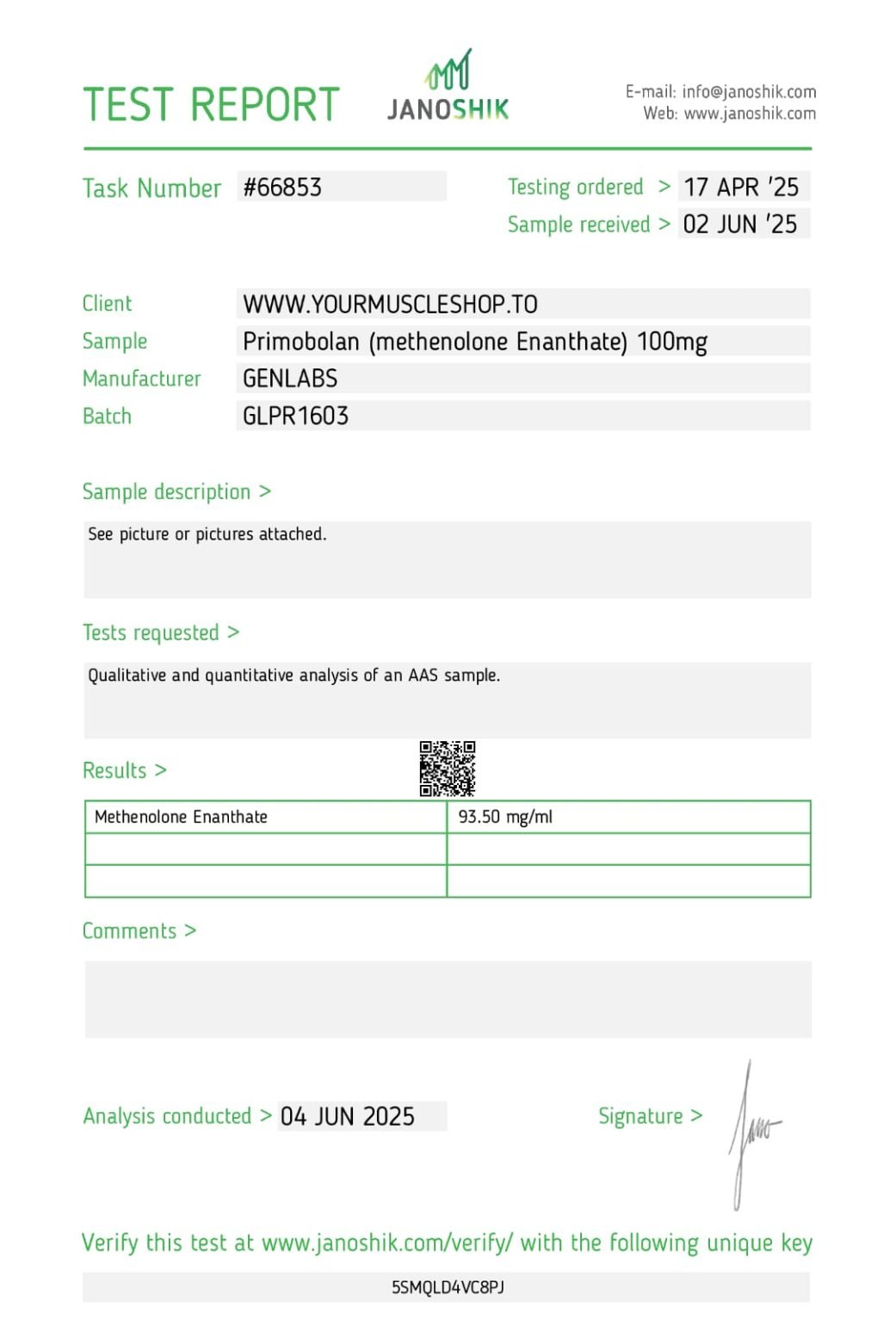 Primobolan (methenolone Enanthate) 100 Mg/ml – Genlabs — Certificate of Analysis