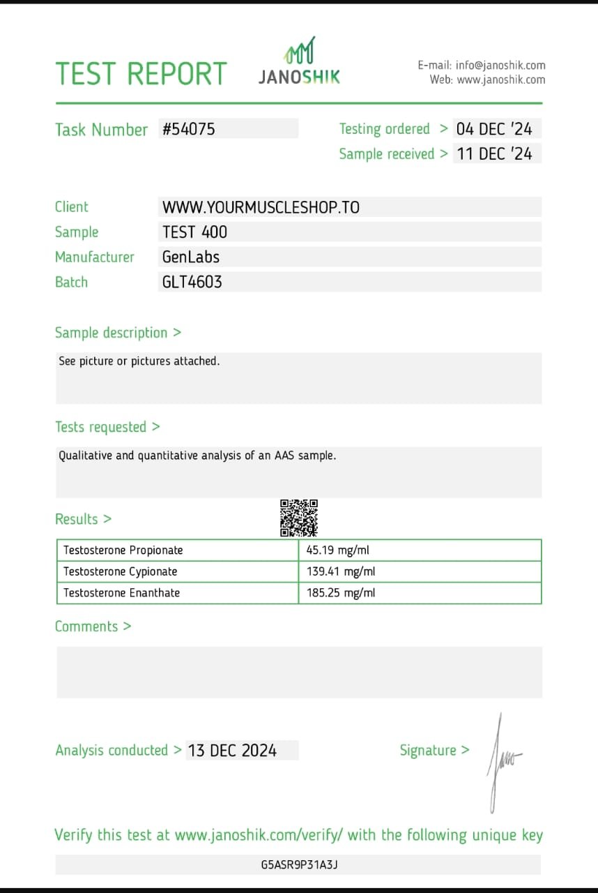 Test 400 (testosterone Tri Blend) 400 Mg/ml – Genlabs — Certificate of Analysis