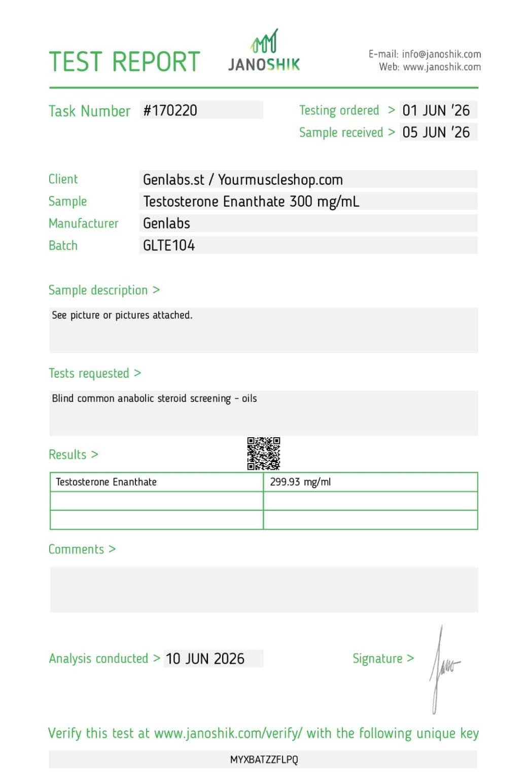 Testosterone Enanthate 300 Mg/ml – Genlabs — Certificate of Analysis
