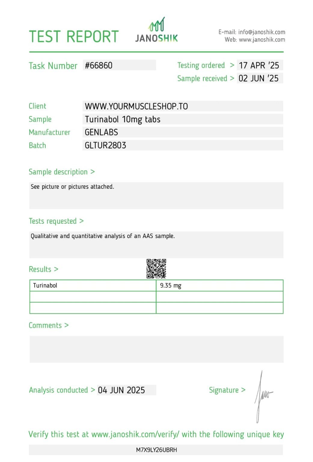 Turinabol (4 – Chlorodehydromethyl Testosterone) 10 mg – 100 Tablets – Genlabs — Certificate of Analysis