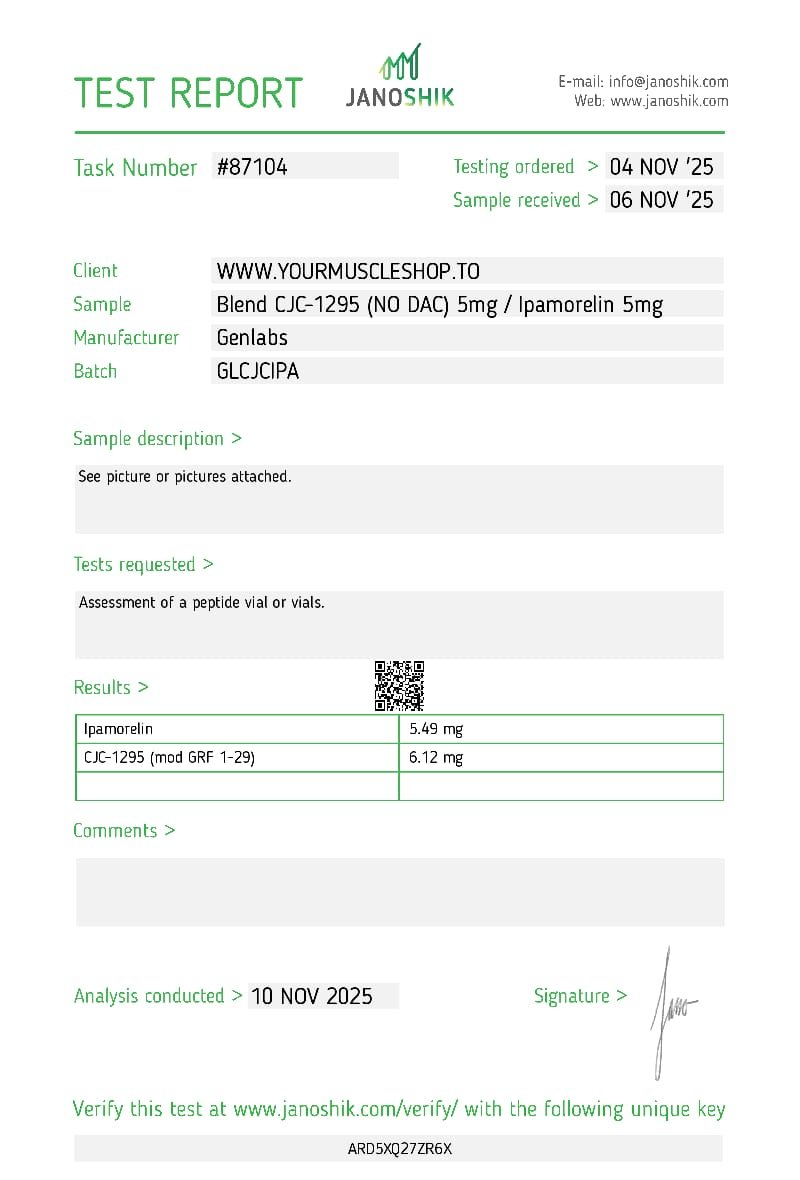 2 Blend Cjc – 1295 ( No Dac ) – 5mg / Ipamorelin – 5mg Vial – (with Bacteriostatic Water) – Genlabs — Certificate of Analysis