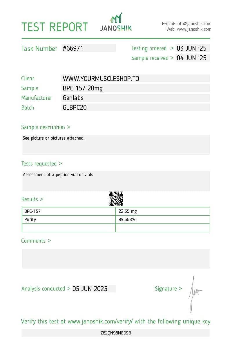 Bpc 157 – 20mg/ Vial – (with Bacteriostatic Water) – Genlabs — Certificate of Analysis