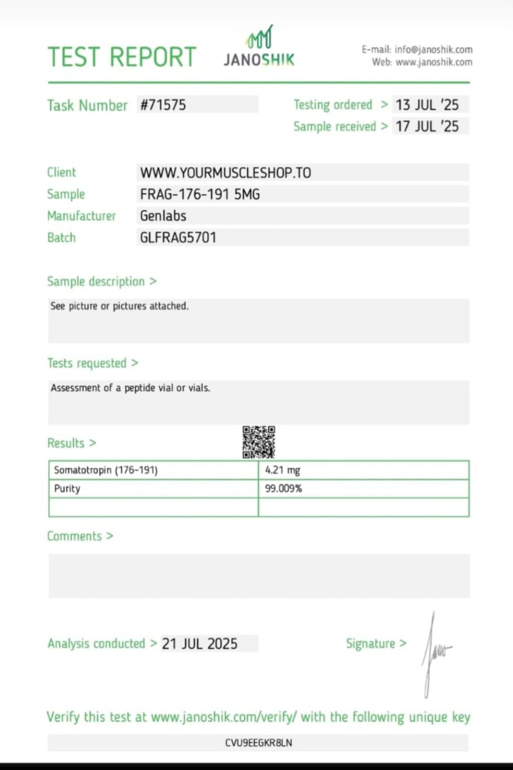 Frag 176 – 191 – 5mg Vial – (with Bacteriostatic Water) – Genlabs — Certificate of Analysis