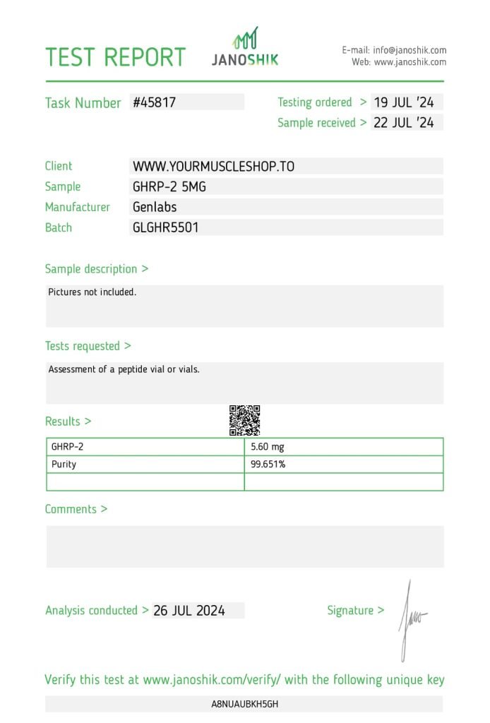 Ghrp – 2 – 5mg Vial – (with Bacteriostatic Water) – Genlabs — Certificate of Analysis