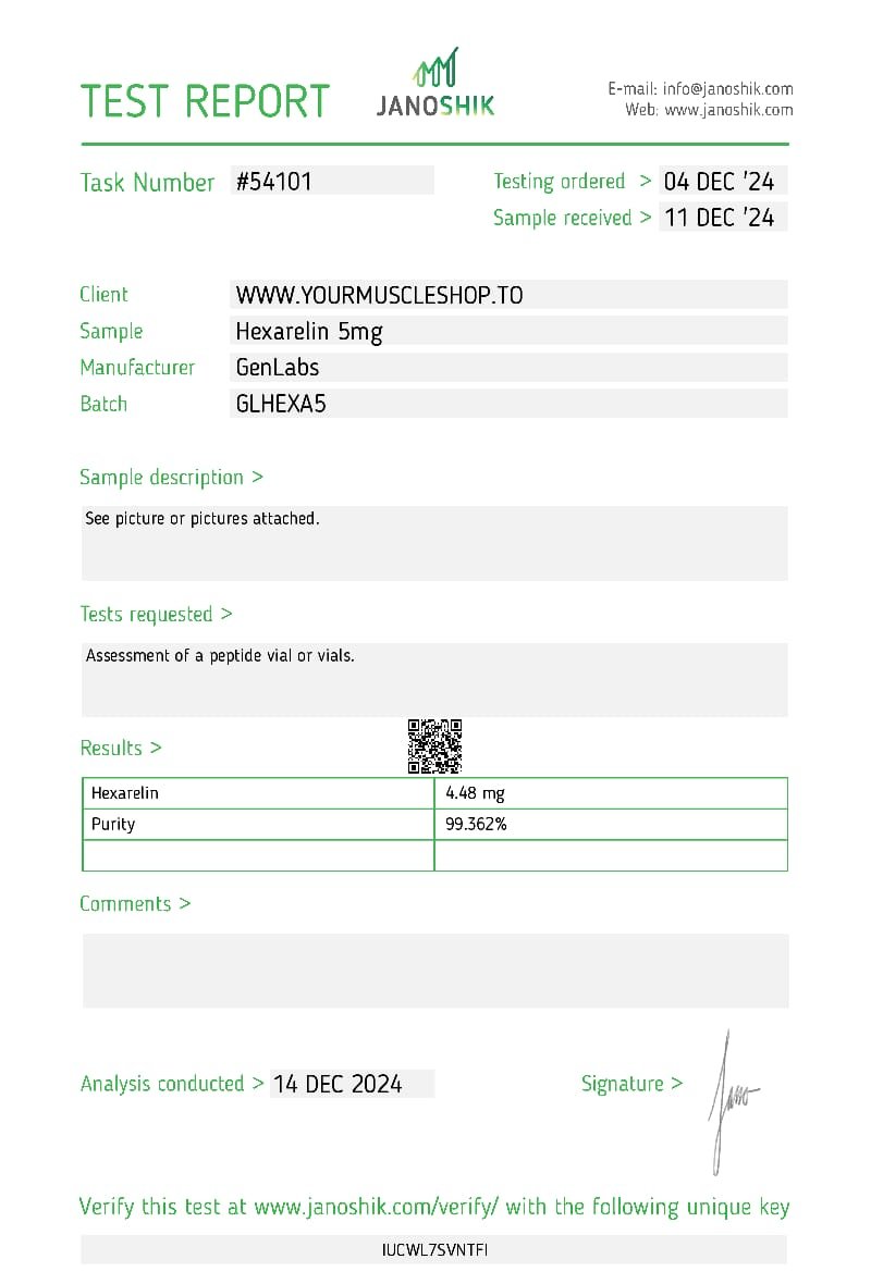 Hexarelin 5mg Vial – (with Bacteriostatic Water) – Genlabs — Certificate of Analysis