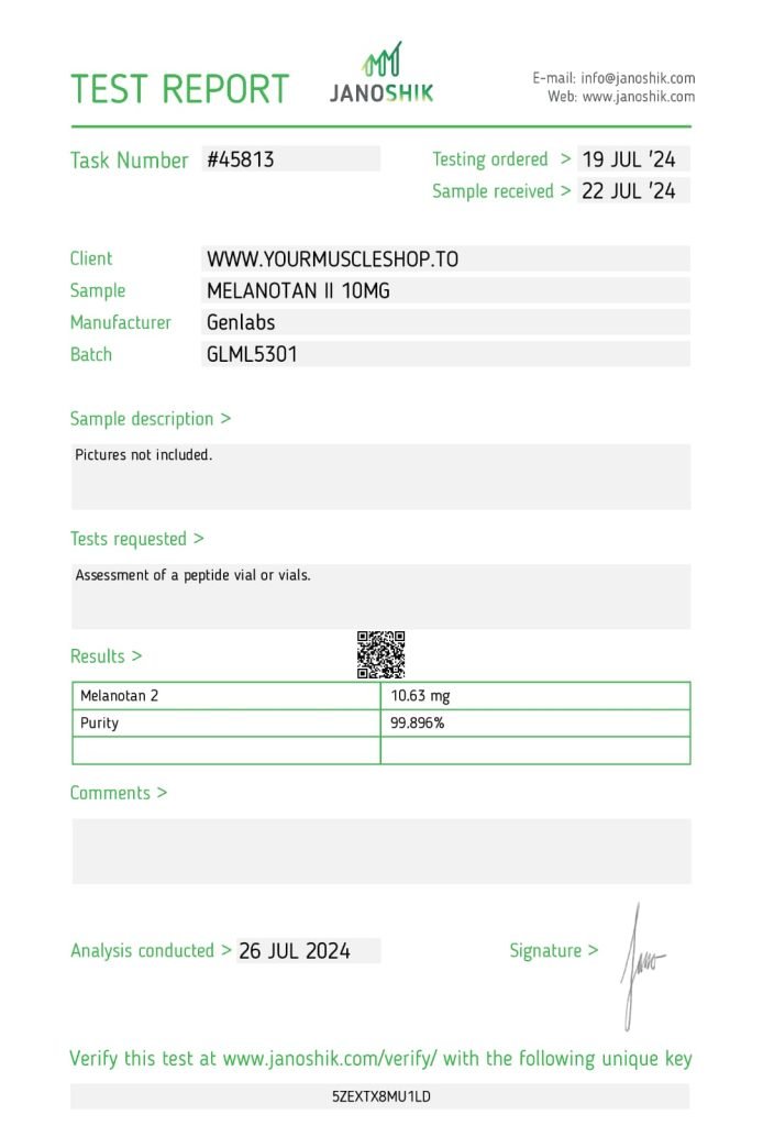 Melanotan Ii – 10mg / Vial – (with Bacteriostatic Water) – Genlabs — Certificate of Analysis