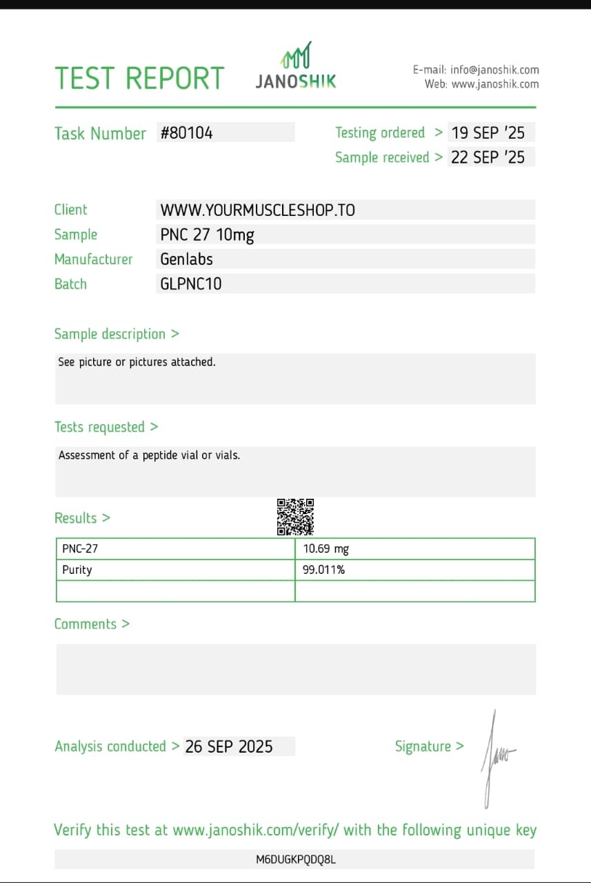 Pnc 27 10mg Vial – (with Bacteriostatic Water) – Genlabs — Certificate of Analysis