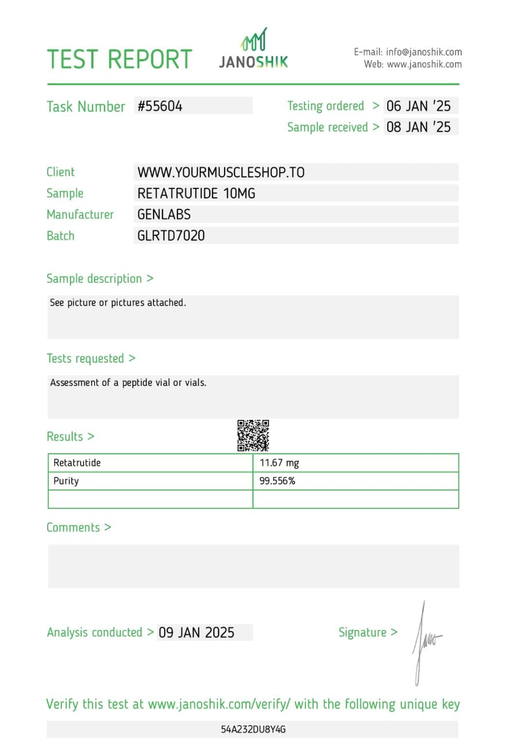 Retatrutide 10mg Vial – (with Bacteriostatic Water) – Genlabs — Certificate of Analysis