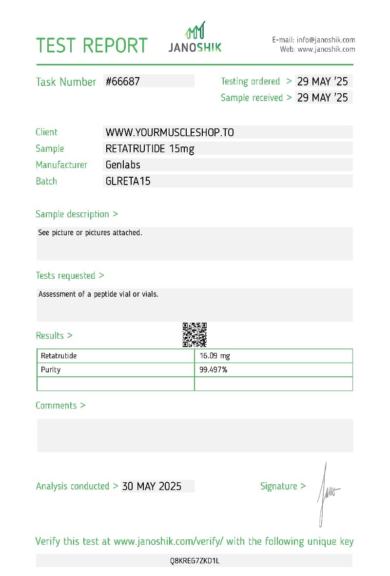 Retatrutide 15mg Vial – (with Bacteriostatic Water) – Genlabs — Certificate of Analysis