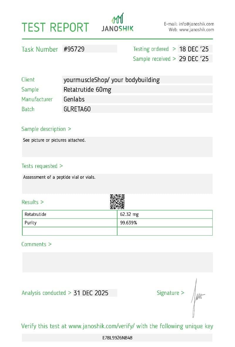 Retatrutide 60mg Vial – (with Bacteriostatic Water) – Genlabs — Certificate of Analysis