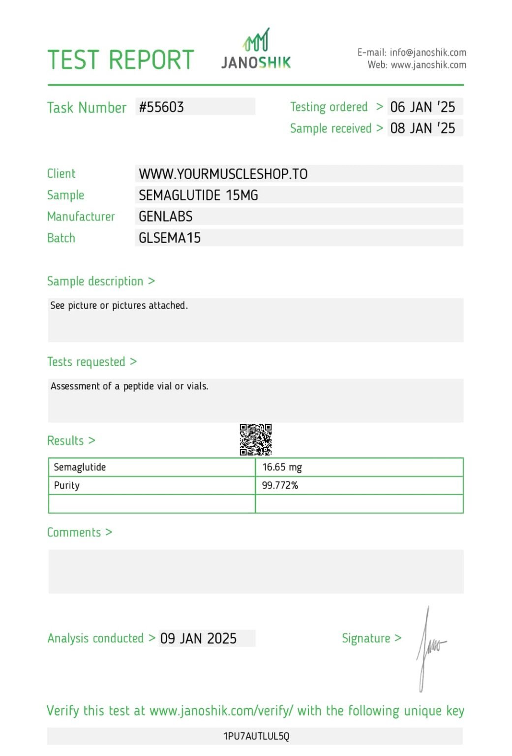 Semaglutide (ozempic) – 15mg Vial – (with Bacteriostatic Water) – Genlabs — Certificate of Analysis