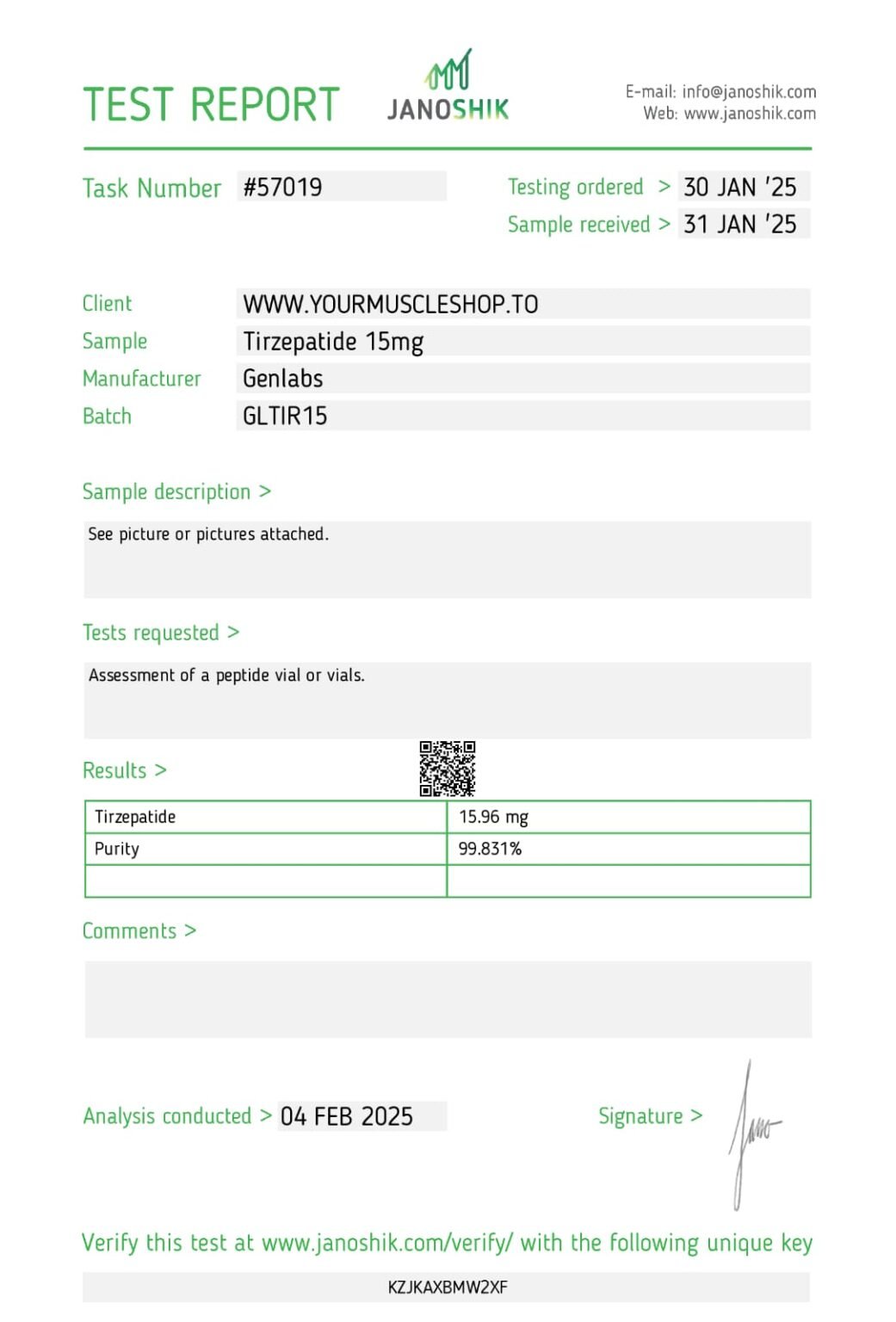 Tirzepatide 15mg Vial – (with Bacteriostatic Water) – Genlabs — Certificate of Analysis