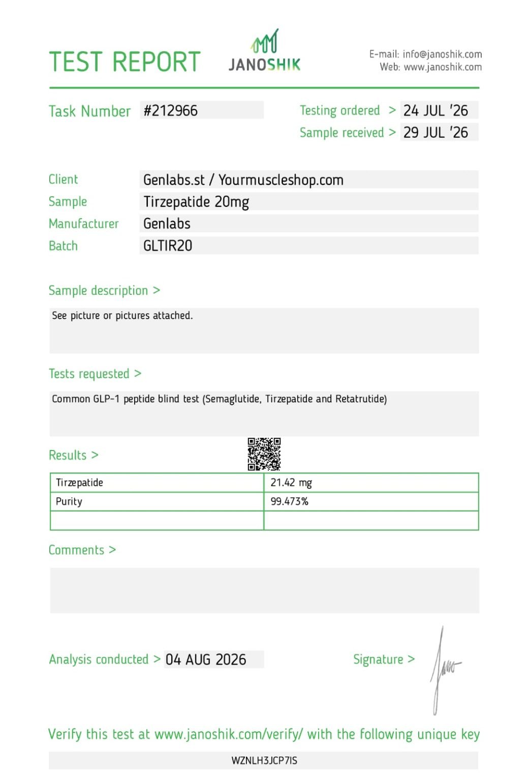 Tirzepatide 20mg Injection Pen (pre – Filled 3ml Cartridge) – Genlabs — Certificate of Analysis