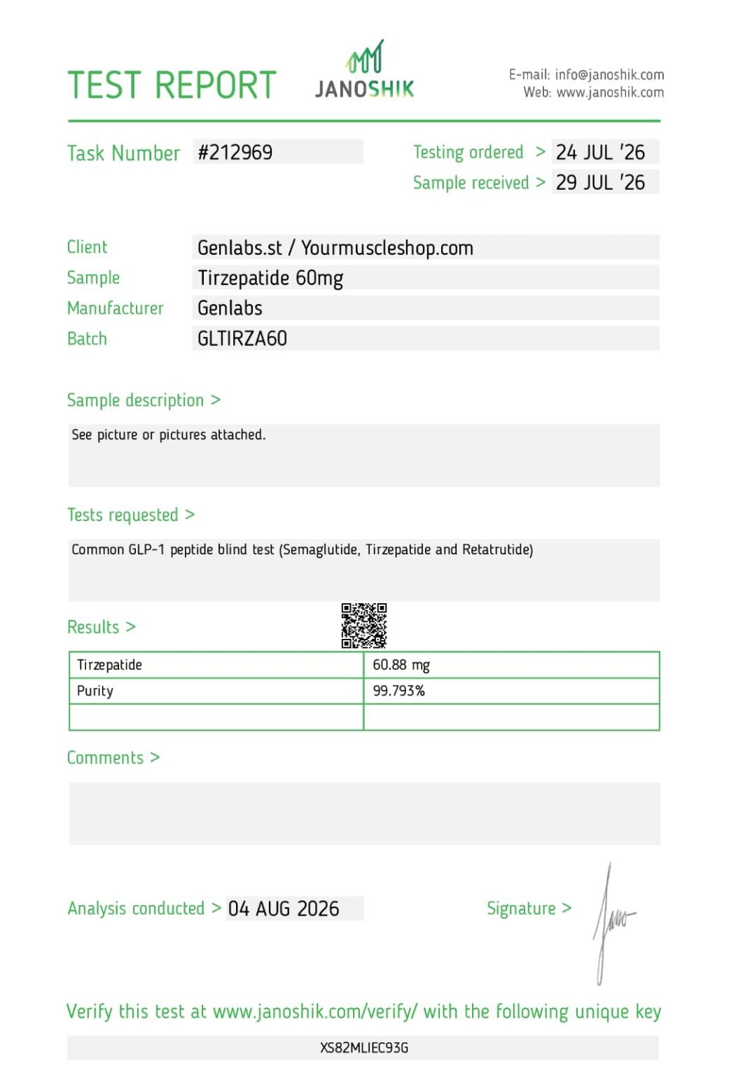 Tirzepatide 60mg Vial – (with Bacteriostatic Water) – Genlabs — Certificate of Analysis