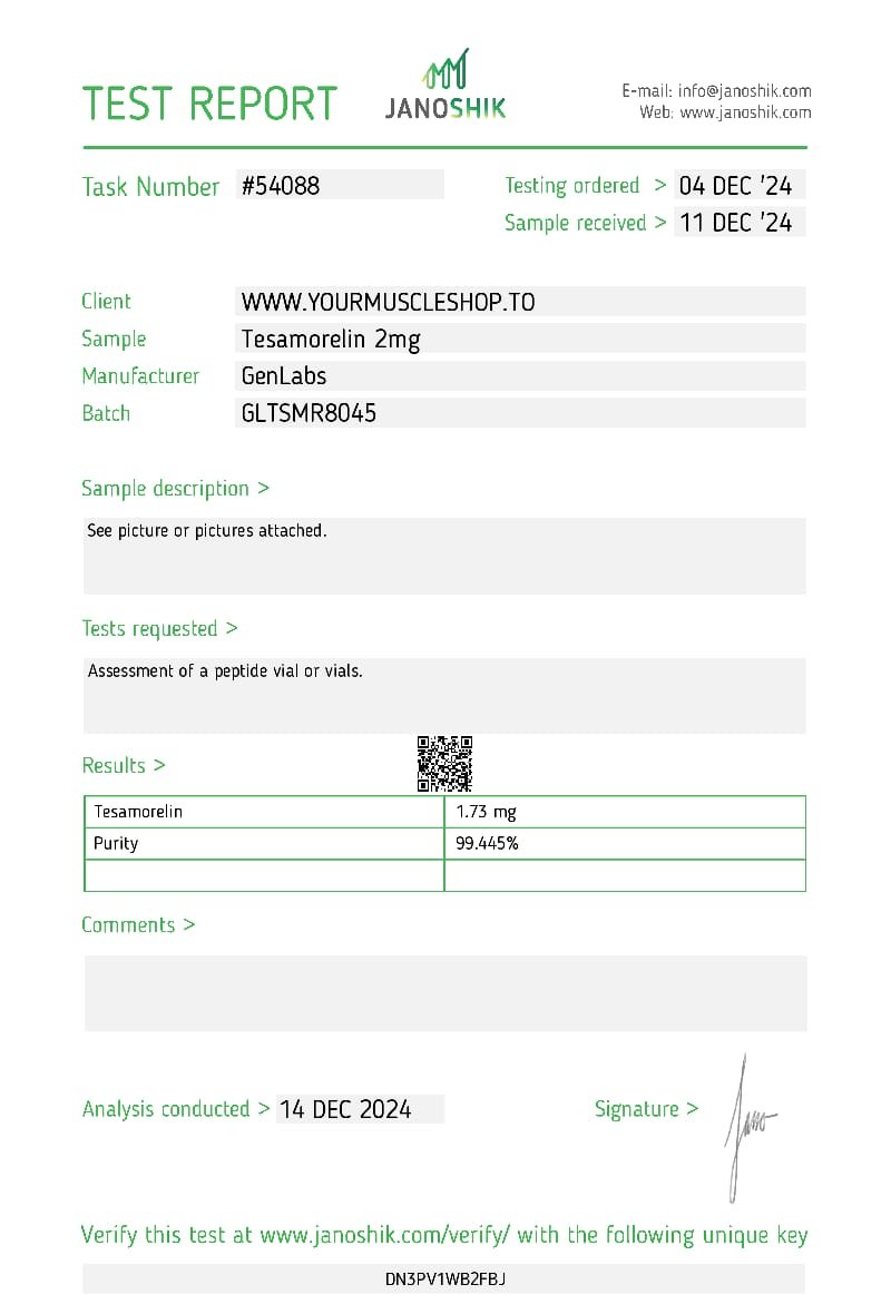 Tesamorelin 2mg Vial – (with Bacteriostatic Water) – Genlabs — Certificate of Analysis