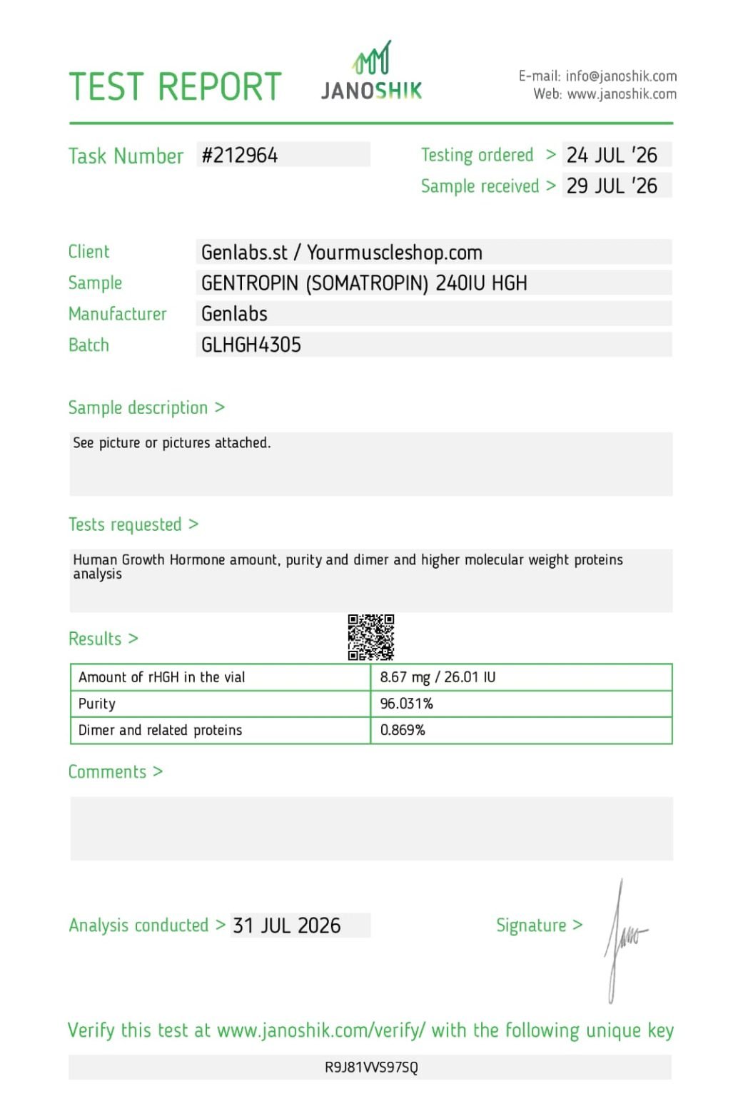 GENTROPIN (SOMATROPIN) 240IU HGH KIT WITH BACTERIOSTATIC WATER – GENLABS — Certificate of Analysis