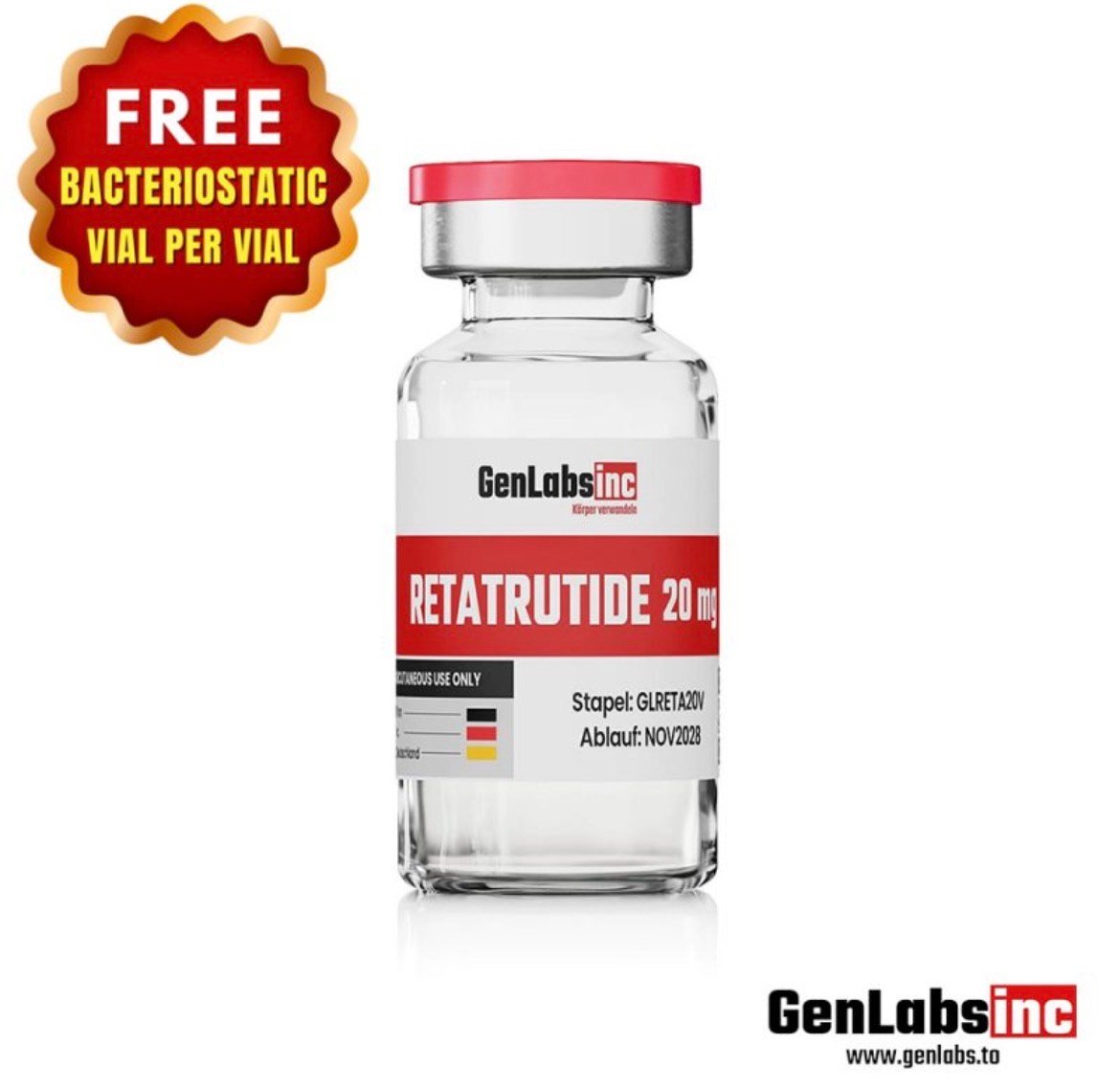 Retatrutide 20mg Vial – (with Bacteriostatic Water) – Genlabs